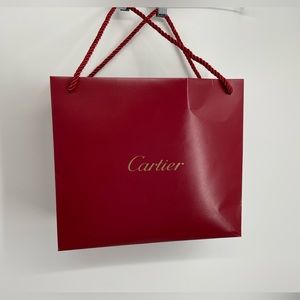 Cartier Red Empty Shopping Bag, rope style handles, sz 11.5” w, 11.25” h, 4.5” d
